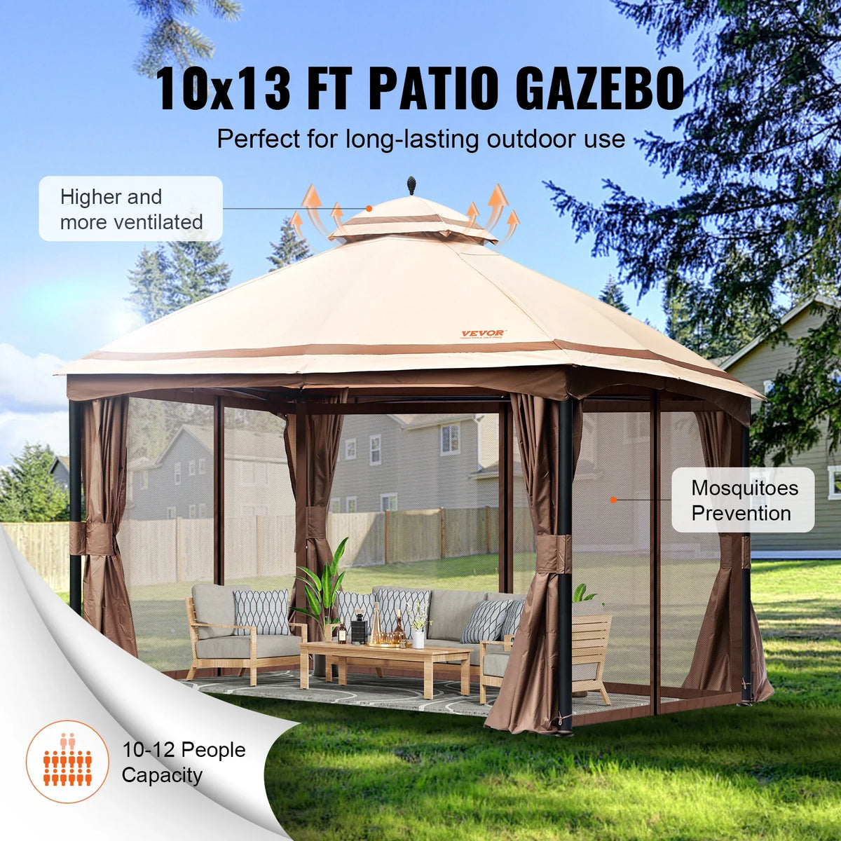 11x11ft/10x10ft/10x13ft Portable Gazebo PU Coated 250D Garden Market Waterproof Collapsible Canopy Party Tent for Outdoor