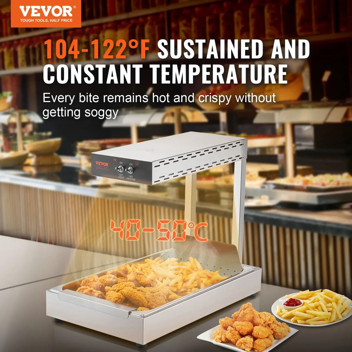 750/1000W Commercial French Fry Warmer with Heating Lamp, 104-122°F for Chip Buffet & Restaurant Countertop