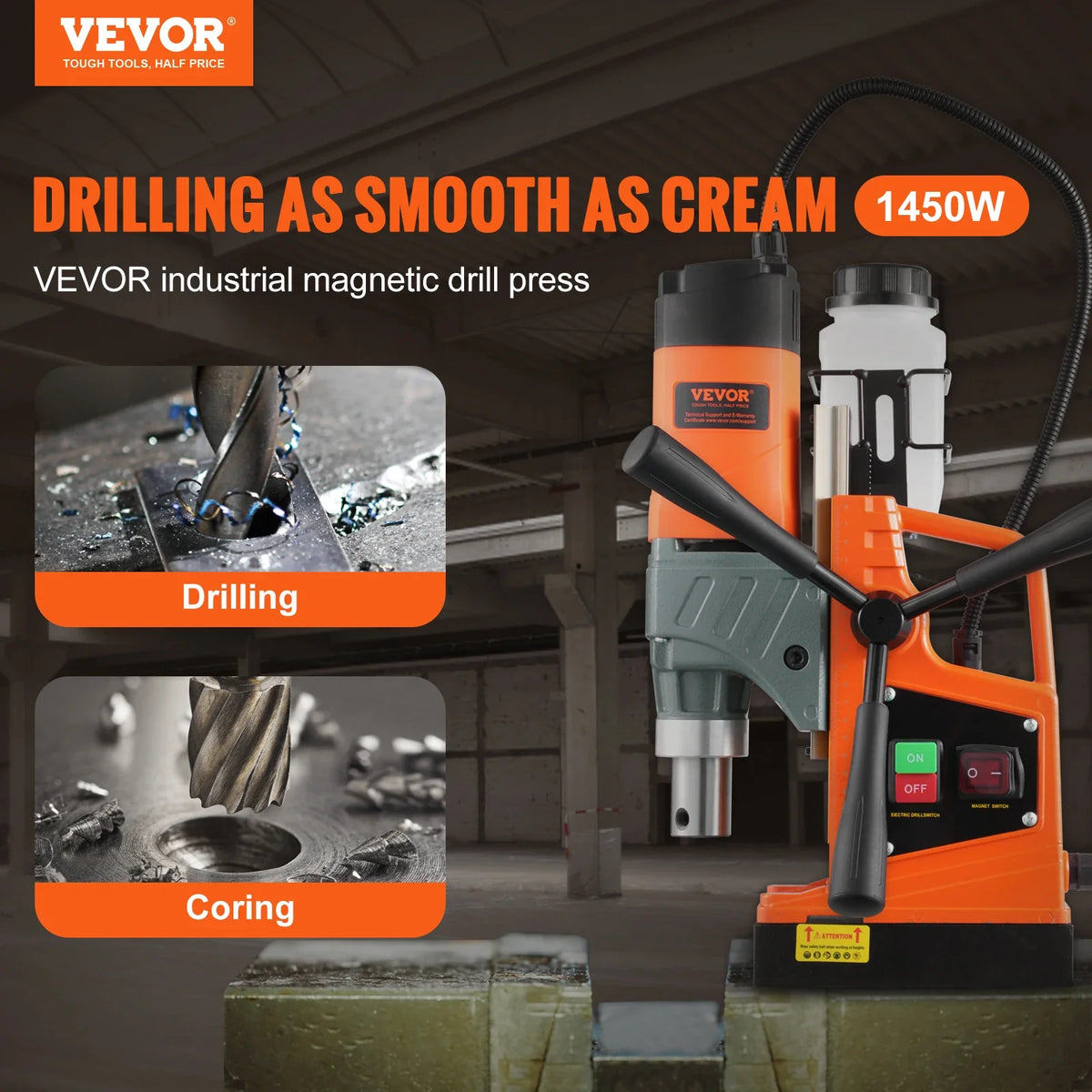 Magnetic Drill 1450W 1.57" Dia 12500N 850RPM Portable Electric Mag Variable Speed Drilling Machine for Improvement/Railway