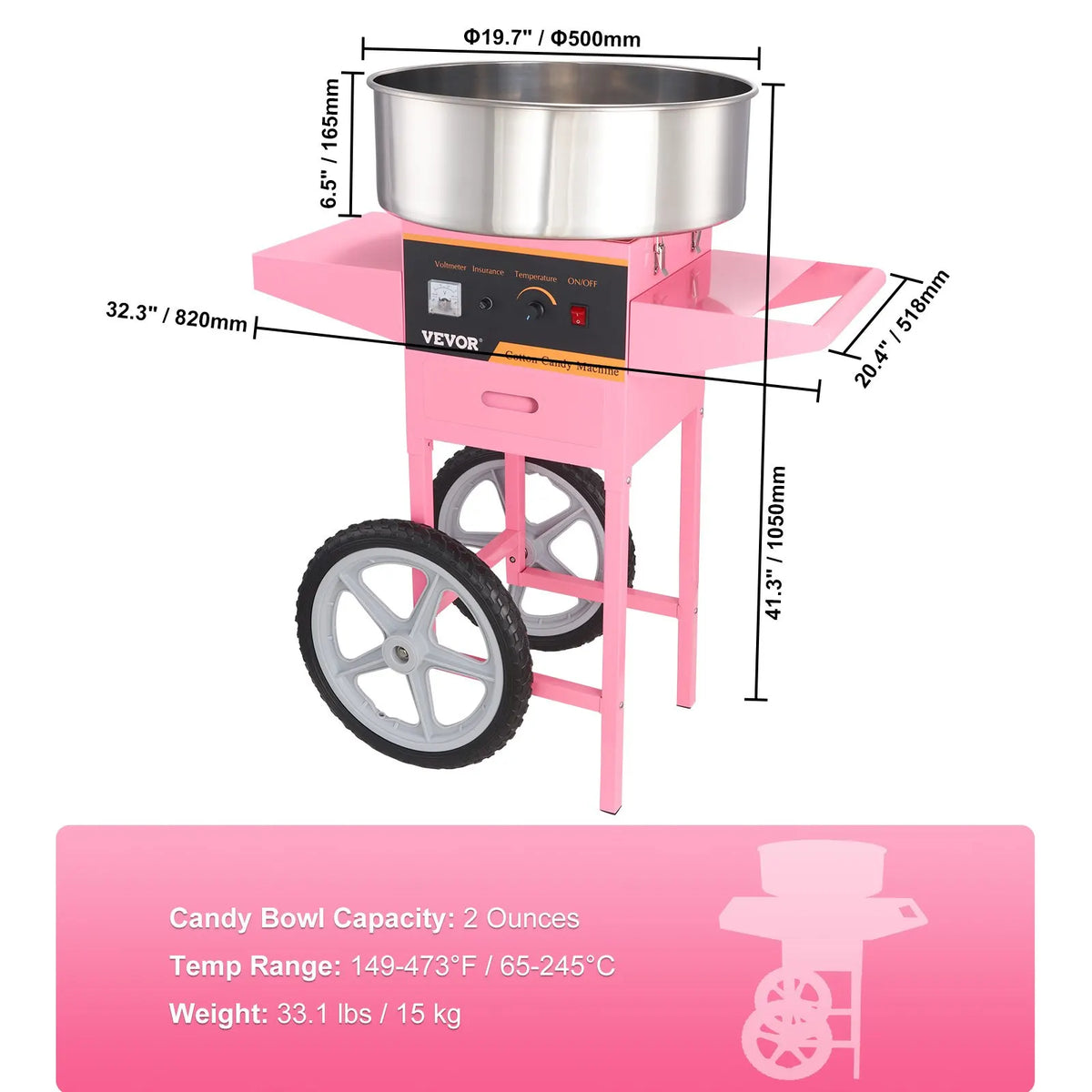 Electric Cotton Candy Machine with Cart and No Bubble Cover,1000W Floss Maker Perfect for Home,Kids Birthday,Family Party