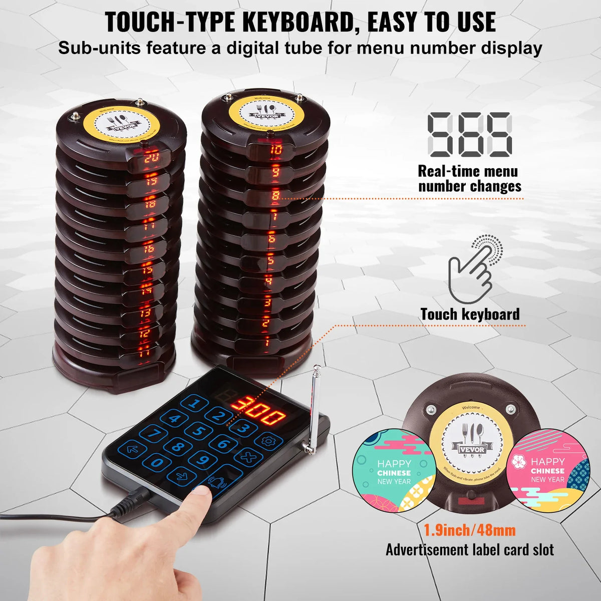 Restaurant Pager Wireless Calling System Coaster Buzzer Vibrator Bell Receiver Beeper for Food Truck Cafe Bar 20 pagers