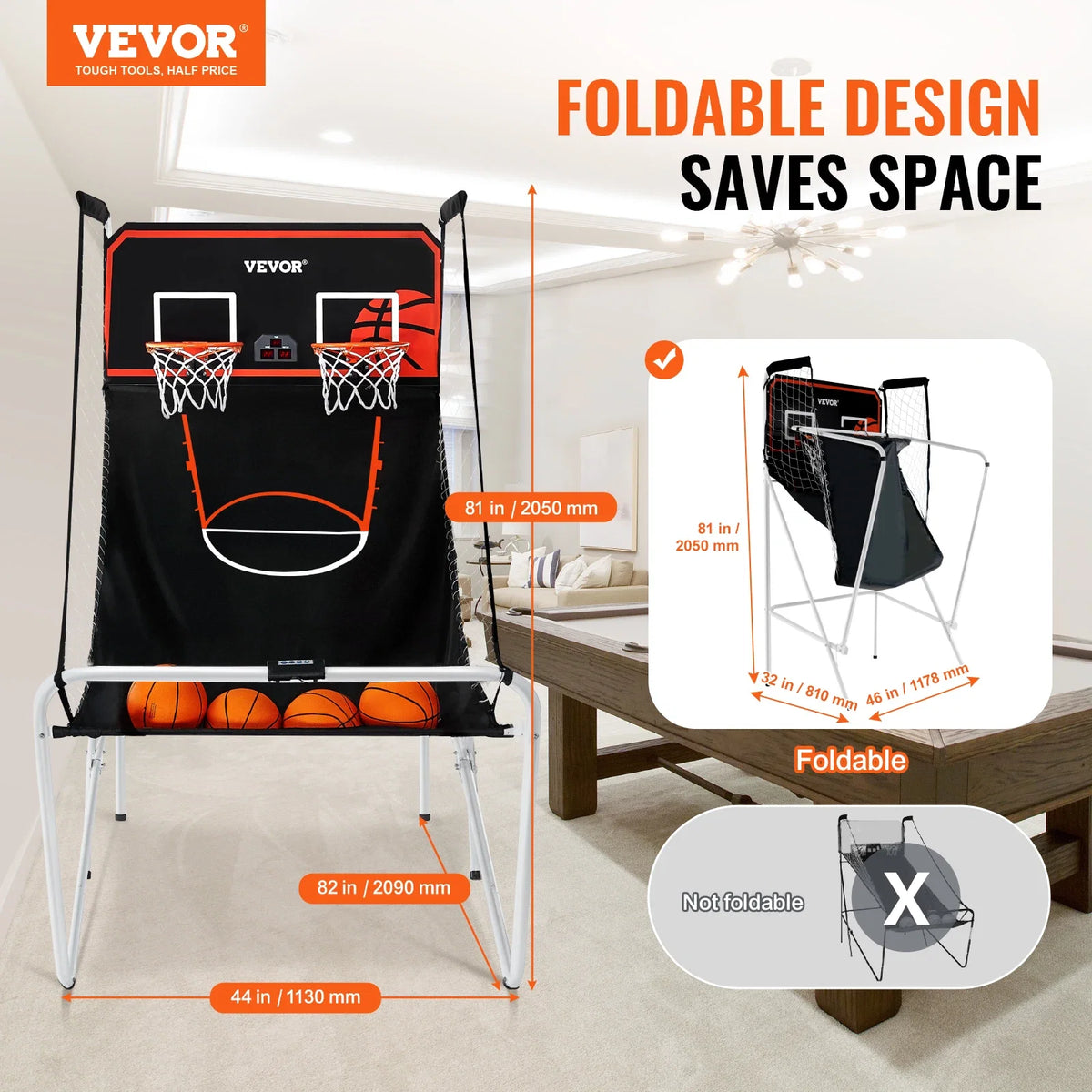Foldable Basketball Arcade Game 2 Player Indoor Basketball Game Home Dual Shot Sport w/ 4 Balls 8 Game Modes for Kid Adult
