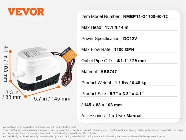Bilge Pump 750/1100/3000GPH 12V Automatic Submersible Bilge Water Pump with Float Switch for Boats, Pools, Basements