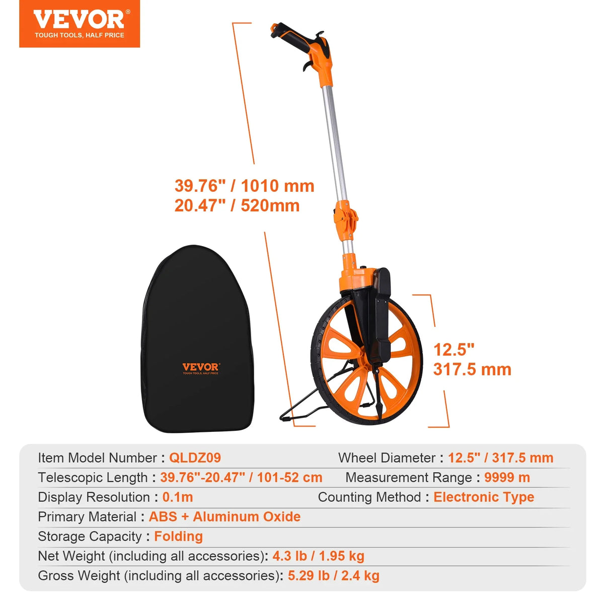 Measuring Wheel Telescoping Measure Wheel Measurement 0-9,999m with Back Bag Suitable for Lawn/Hard/Wood Road Measuring