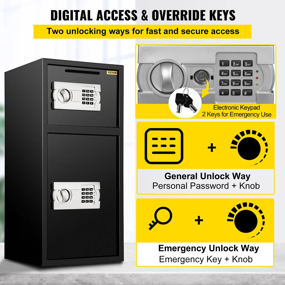 Large Double Door Security Safe Box 2.6 Cubic Feet Steel Safe Box Strong Box with Digital Lock for Money Gun Jewelry Black