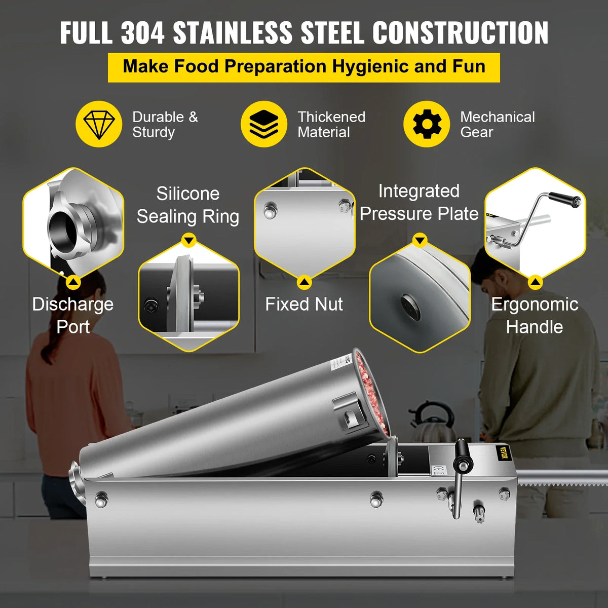 Manual Sausage Stuffer, 7 L Horizontal Sausage Machine, Dual-Speed Meat Stuffer, Made of Food-Grade 304 Stainless Steel