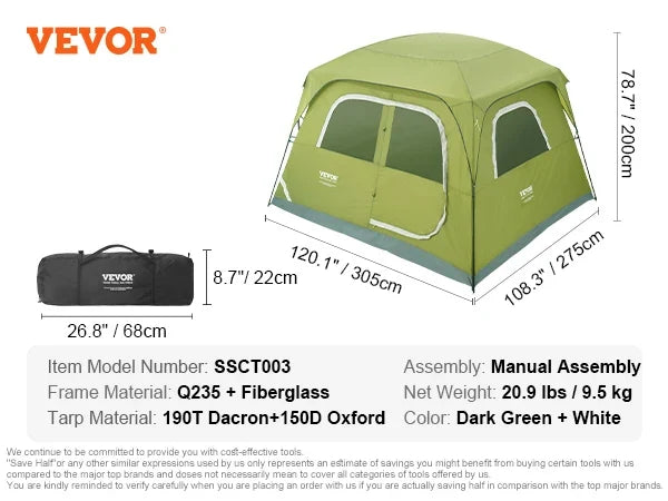 6 Person Outdoor Profession Fabric Tent Rainfly Waterproof Camping Tent Family Outdoor Instant Setup Tent with Carring Bag