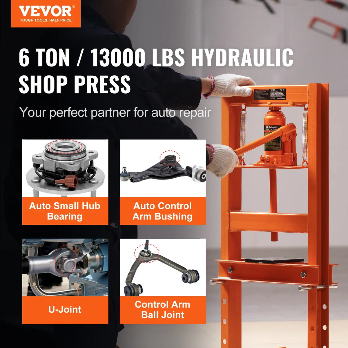 6/12 Ton Hydraulic H-Frame Garage Floor Adjustable Shop Press with Plates 6T/12T Orange for Garages or Professional Shops