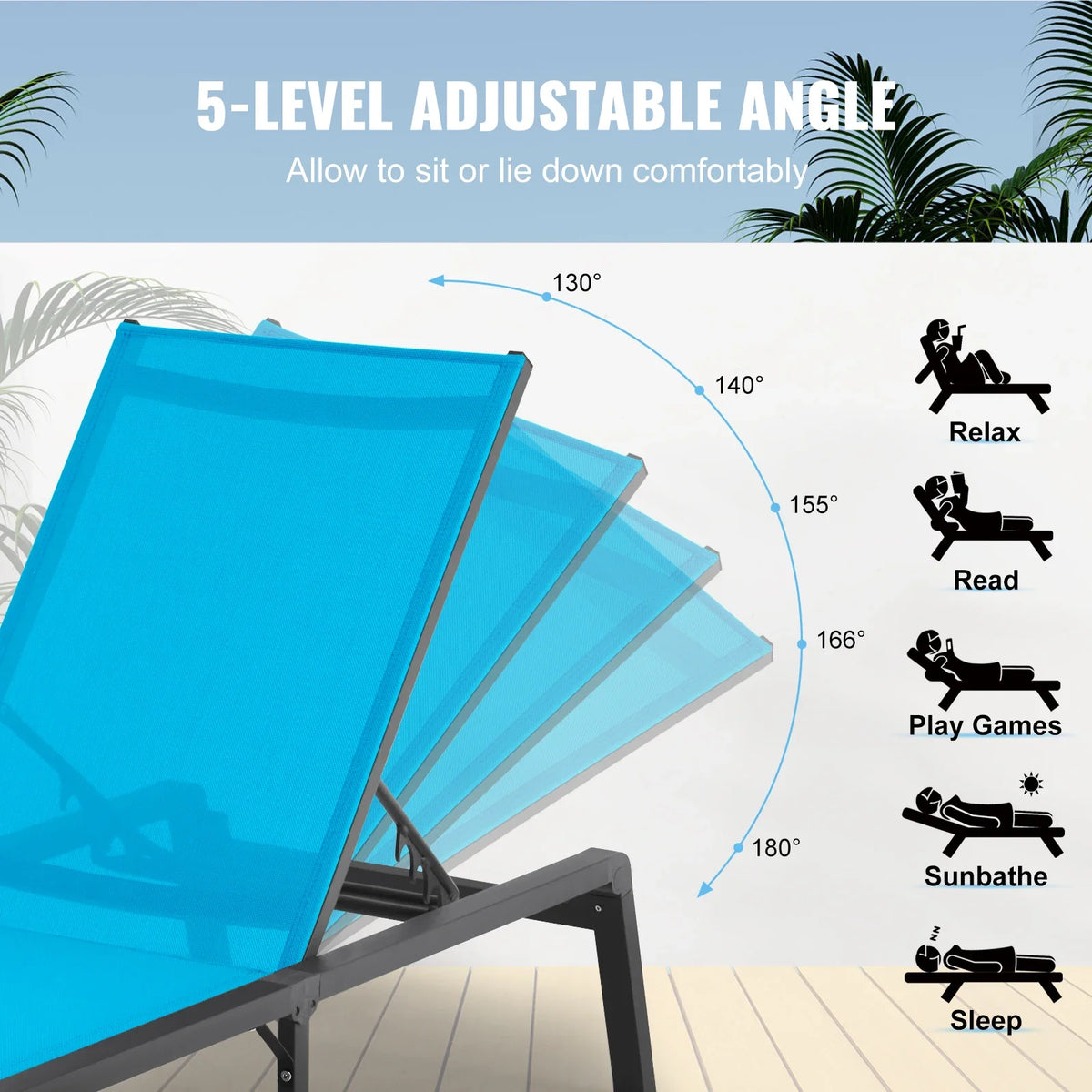 Chaise Lounge Chair Outdoor Aluminum Patio Lounge Chair 5-Position Adjustable Folding Pool Lounge Chair Recliner for Beach