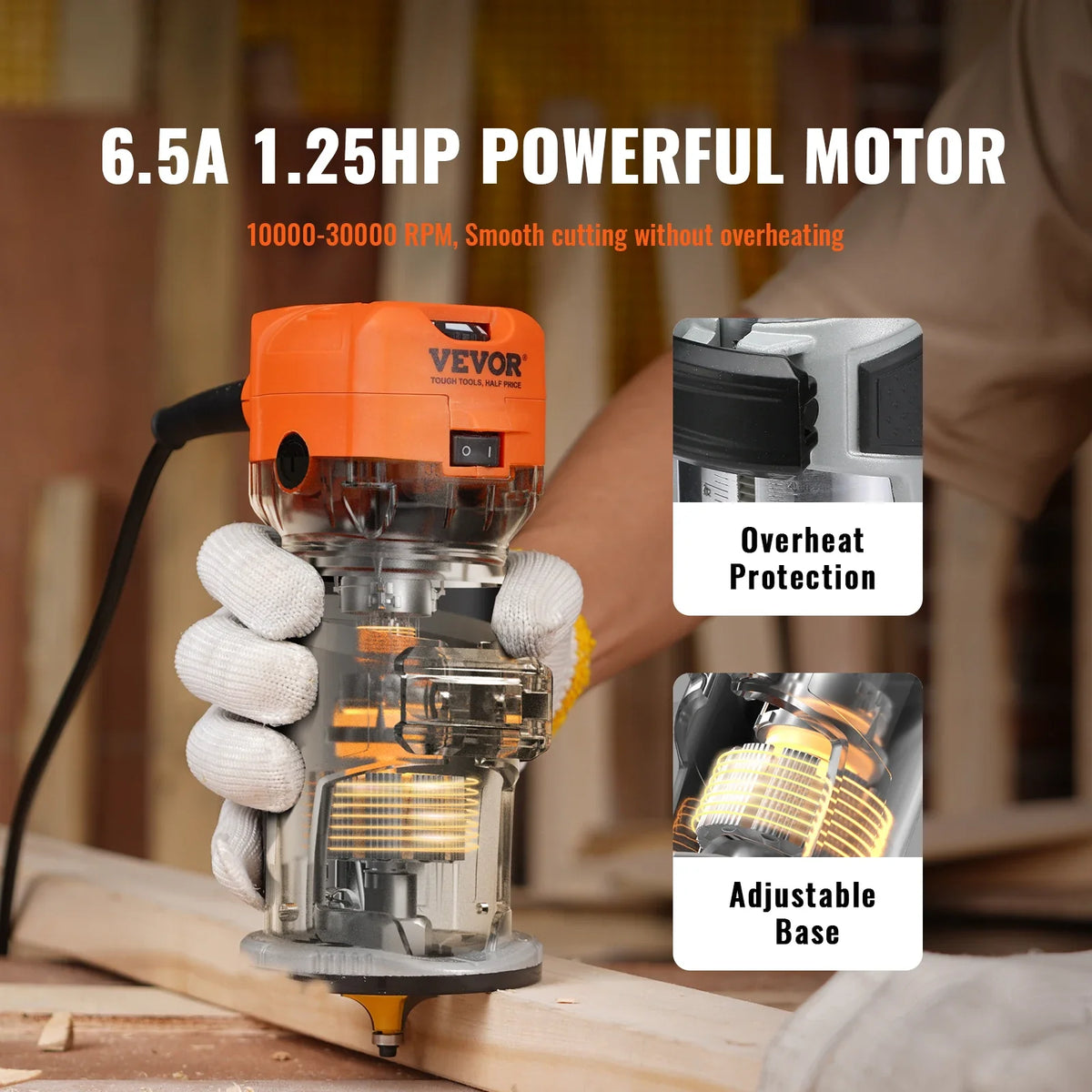 Wood Router 1.25HP 800W Compact Wood Trimmer Combo Tool 30000RPM 6 Variable Speeds for DIY Woodworking Slotting Trimming