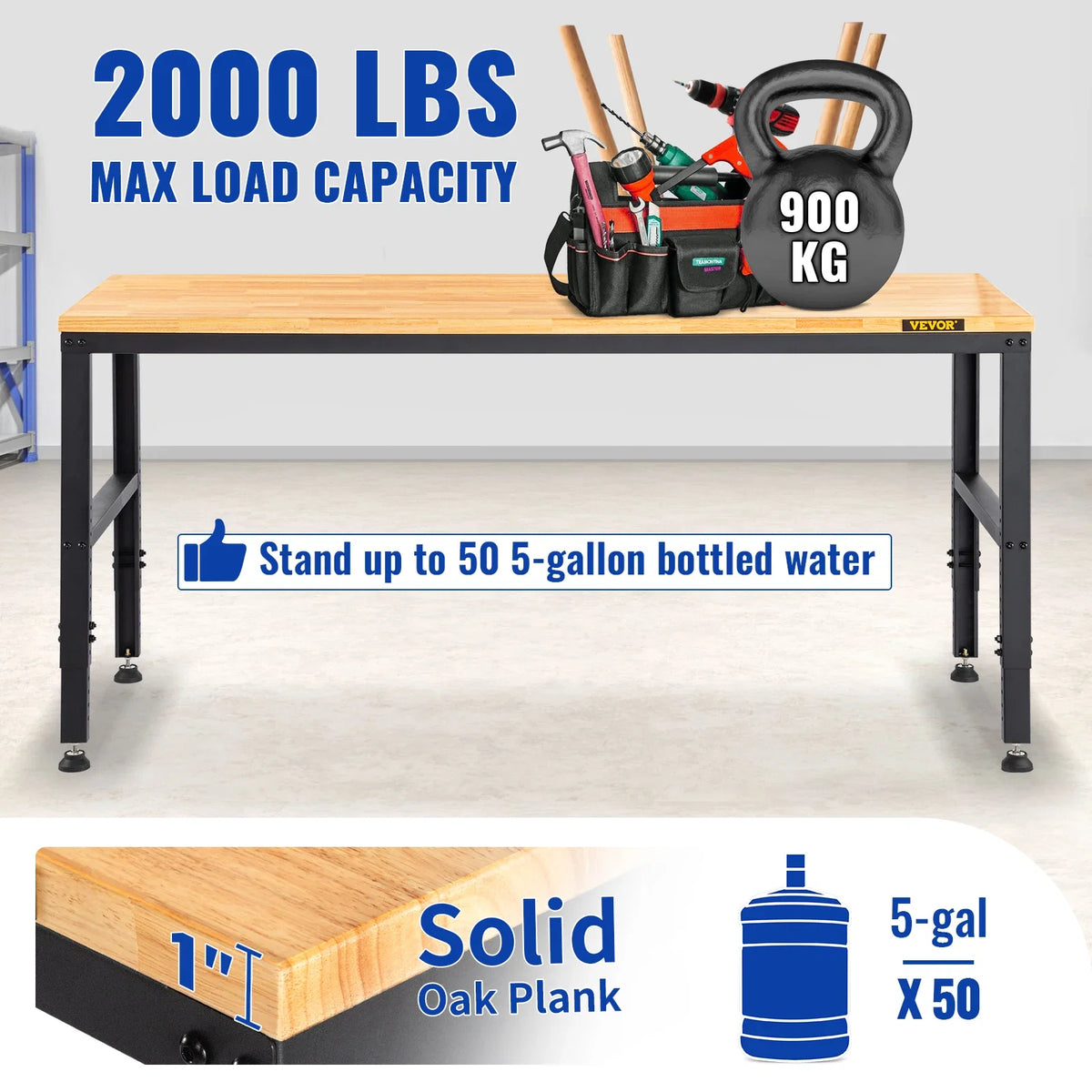 72cm Woodworking Workbench Adjustable Height Oak Wood Hardwood Top Work Table 900KG Load Capacity for Office Home Workshop