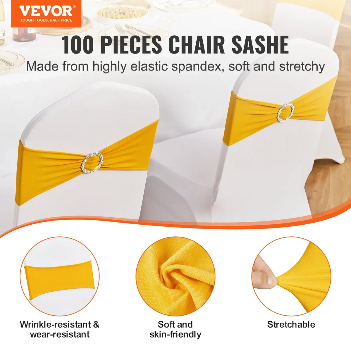 100pcs Stretch Spandex Chair Sashes Bows Stretch Chair Slipcover Sash Elastic Chair Bands for Wedding Holiday Decor