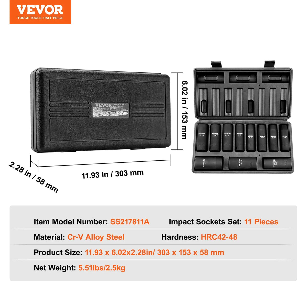 1/2" Drive Impact Socket Set, 11 Piece Deep Socket Set SAE 3/8"-1", 6 Point CR-V Alloy Steel for Auto Repair