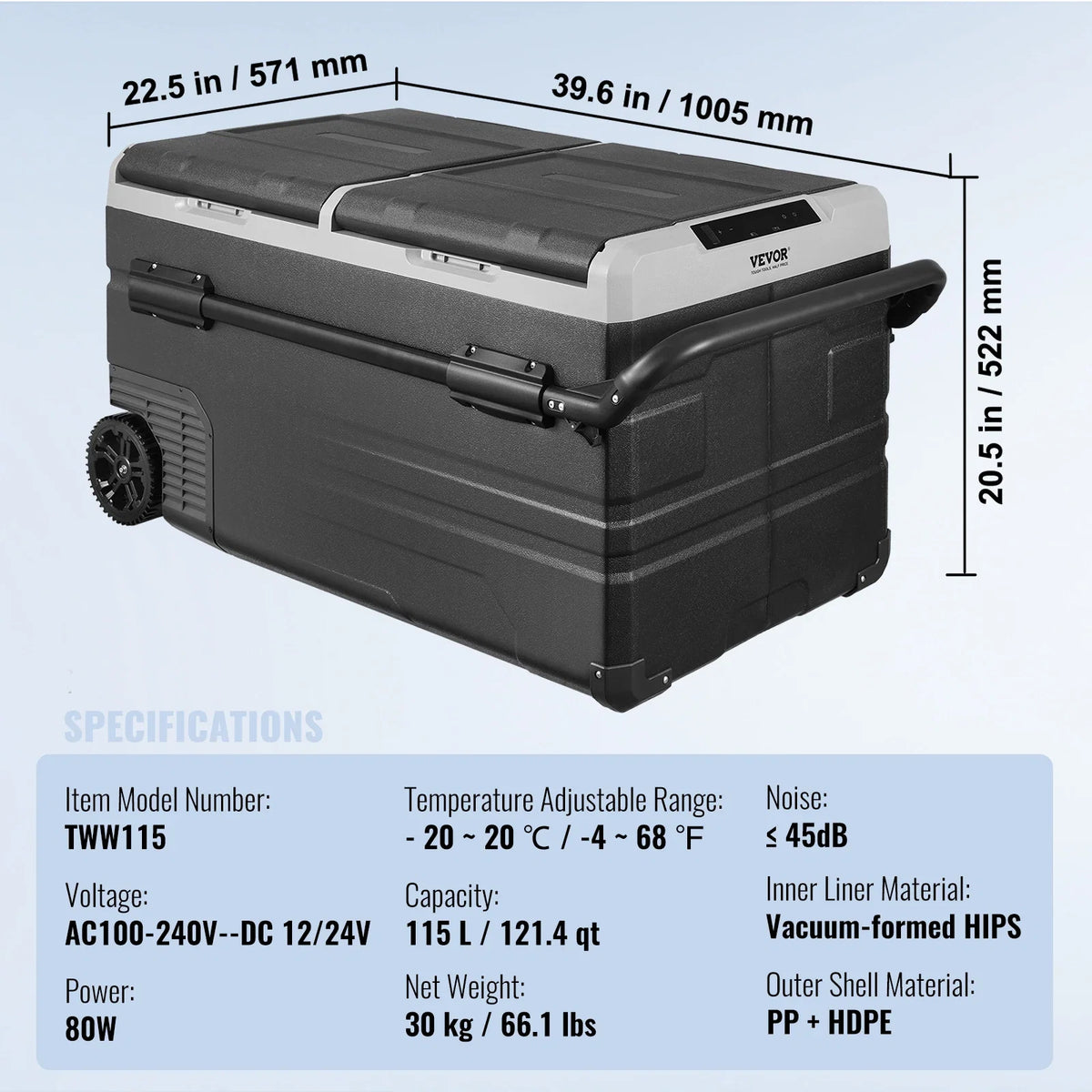 Car Fridge 115L Car Refrigerator Dual Zone Freezer with Wheels and Handle -4℉-68℉ 12/24V DC