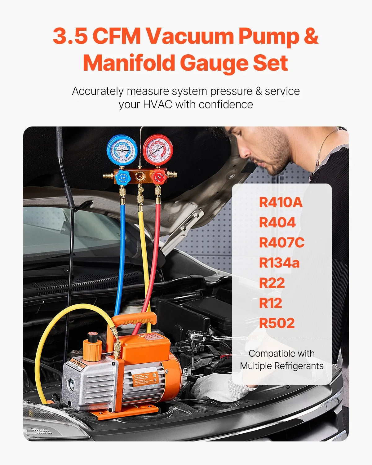3.5CFM AC Vacuum Pump & Gauge Set Single Stage Rotary Vane HVAC Air Vacuum Pump A/C Refrigerant Manifold Gauge Kit w/Hose