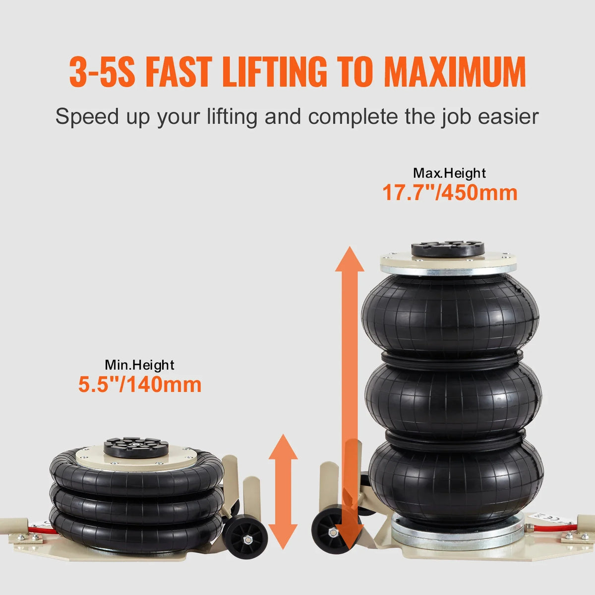 3 Ton/6600 lbs Triple Bag Air Jack, with Six Steel Pipes, 3-5 s Fast Lifting  with Long Handles for Cars Garages Repair