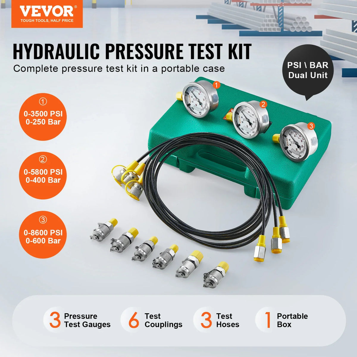 Hydraulic Pressure Test Kit 250/400/600bar 3Gauges 6 Test Couplings 3 Test Hoses Excavator Hydraulic Test Gauge Set 
TKS-2