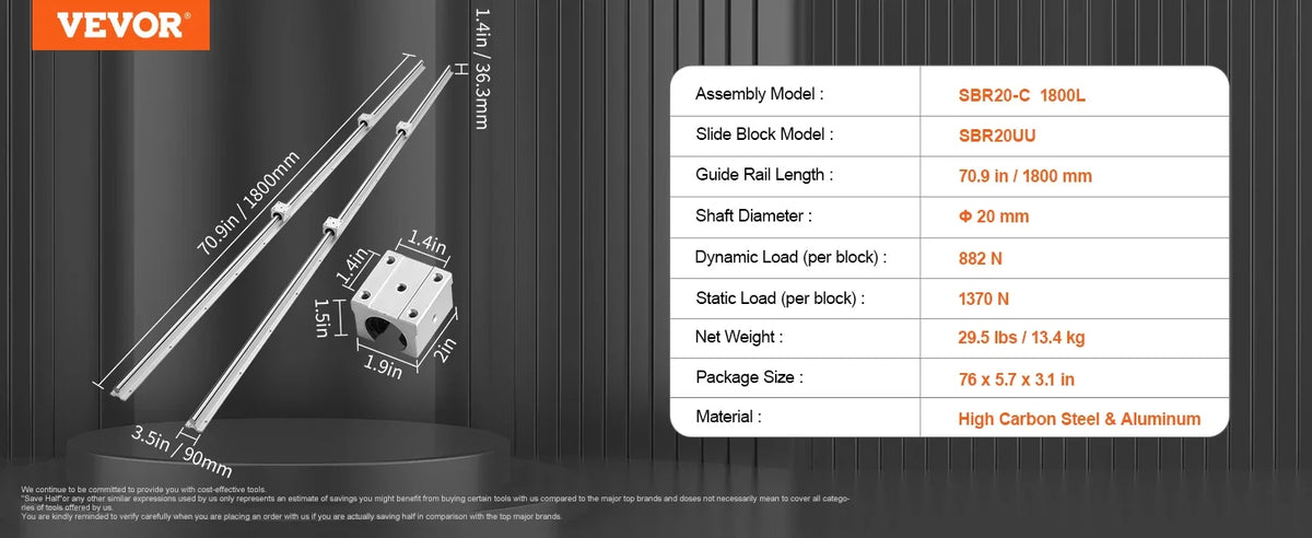 2PCS Linear Guide Rails SBR12 SBR16 SBR20 SBR25 800-2200mm & 4PCS UU Bearing Blocks Smooth Motion for DIY Mills CNC Parts