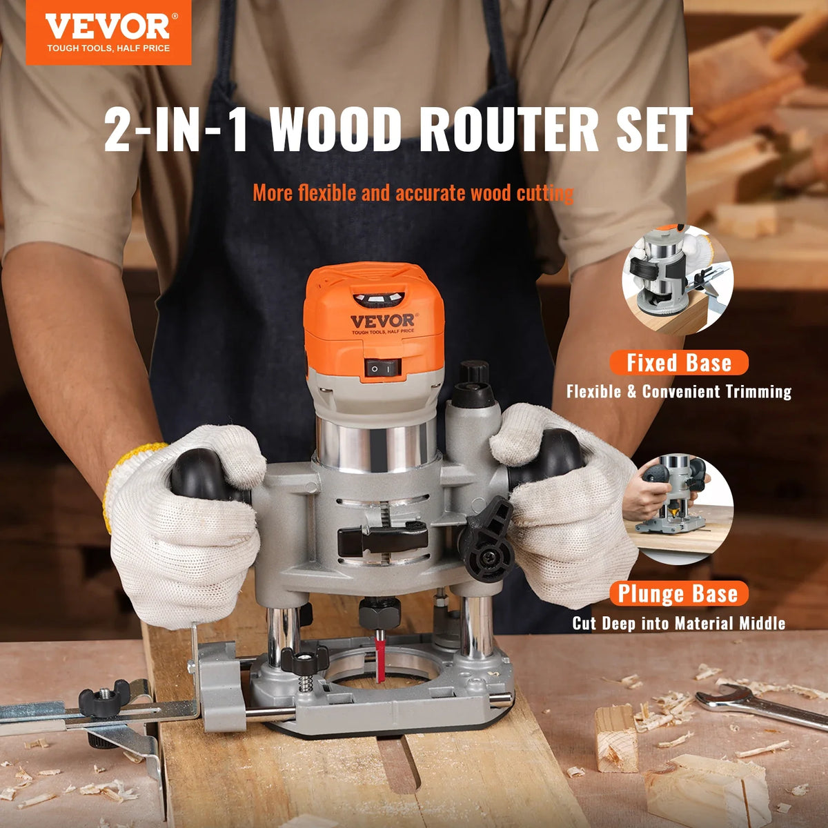 Wood Router 1.25HP 800W Compact Wood Trimmer Combo Tool 30000RPM 6 Variable Speeds for DIY Woodworking Slotting Trimming