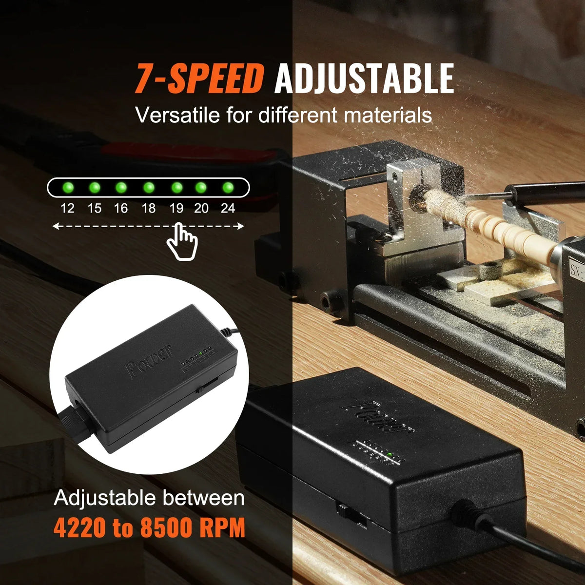 Mini Wood Lathe Machine 2.76in x 6.3in 24VDC 96W Machine Accessories, 7 Speed s for DIY Woodworking Wood Drill Rotary Tool