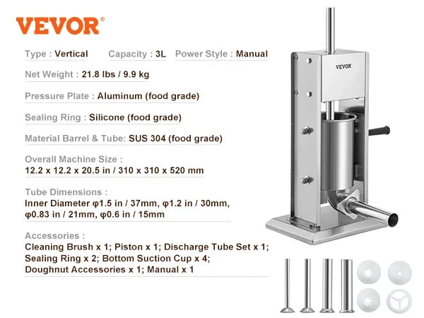 3 5 7 L Manual Sausage Stuffer Stainless Steel Making Sausage Vertical Maker with 4 Filling Funnels for Home Commercia Use