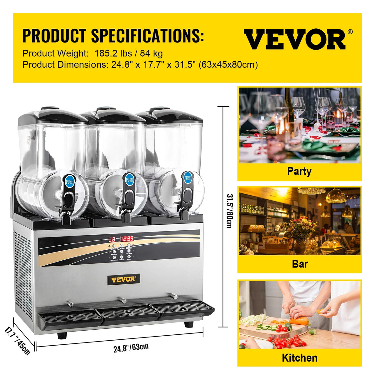 Commercial Slushy Ice Machine, 3x15L 800W Slushy Ice Cream Maker,63x45x80 cm Slushy Maker Machine,2 Modes Intelligent LED