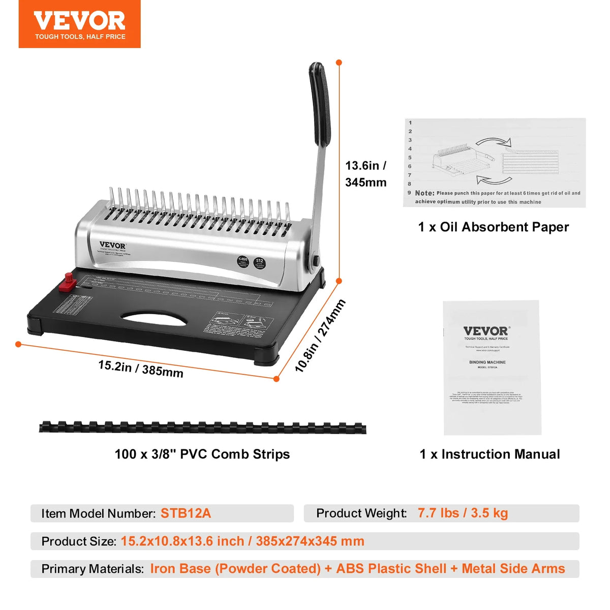 Binding Machine Comb Binding Machine 21Holes Binding 450 Sheets Book Binder Machine with 100 PCS 3/8'' Comb Binding Spines
