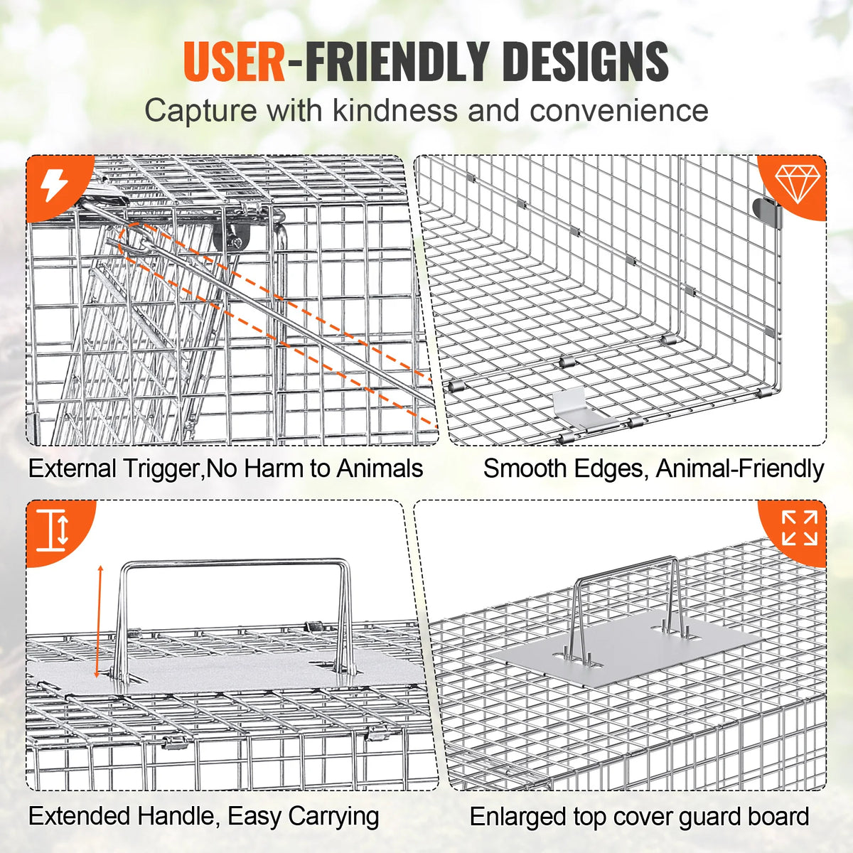 24/31/42/50in Live Animal Cage Trap Folding Humane Cat Trap Galvanized Iron with Handle for Rabbits Squirrels Groundhogs