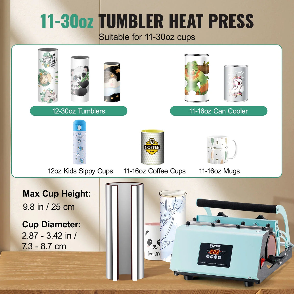 Tumbler Heat Press Machine, 11-30oz Mug Press, Heat Up Fast and Even, Tumbler Press with Sublimation Paper,Tape and Gloves