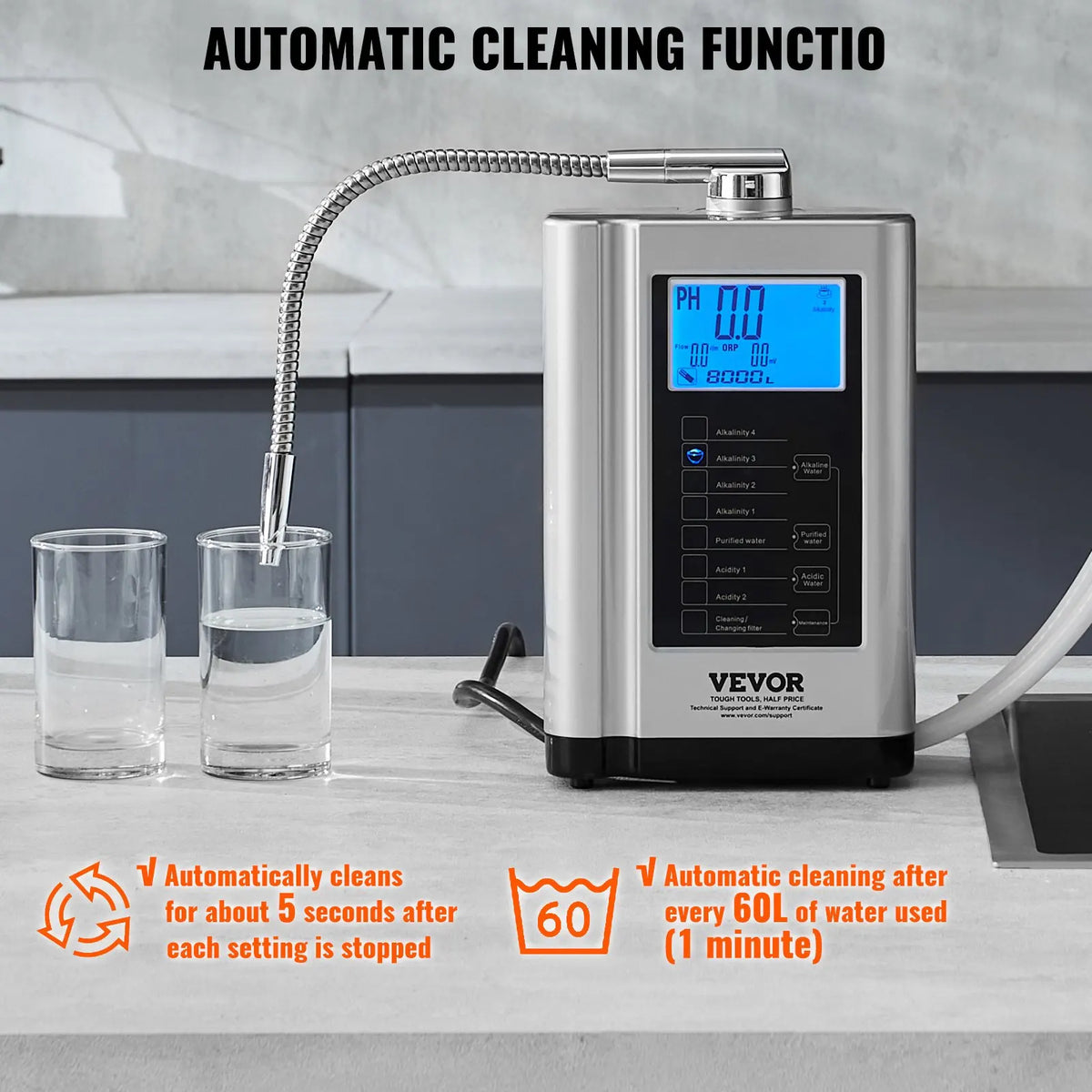 Alkaline Water Ionizer Machine,pH3.5-10.5 Alkaline Acidic Hydrogen Water Purifier,7Water Settings System,8000L Per Filter