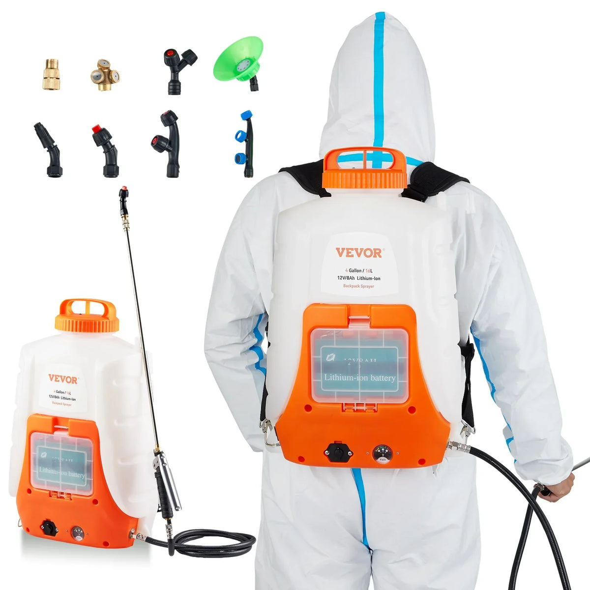 Battery Powered Backpack Sprayer 0-90 PSI Adjustable Pressure 4 Gallon Tank Back Pack Sprayer with 8 Nozzles and 2 Wands