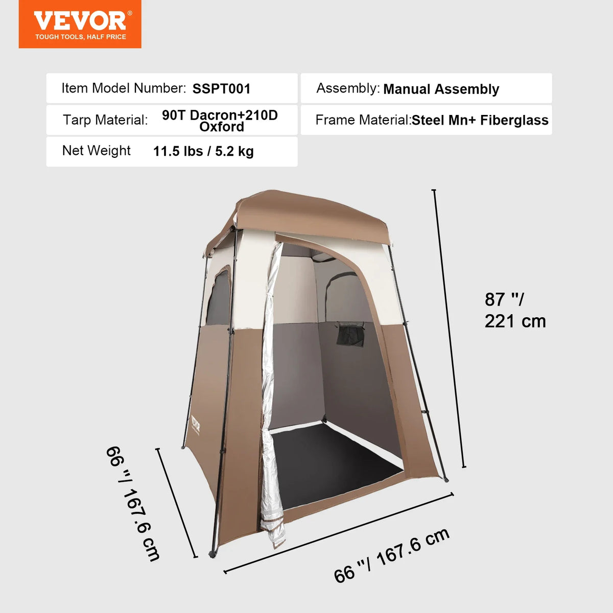 Camping Shower Tent 66" x 66" x 87" 1 Room Oversize Outdoor Portable Shelter Privacy Tent with Detachable Top Hanging Rope