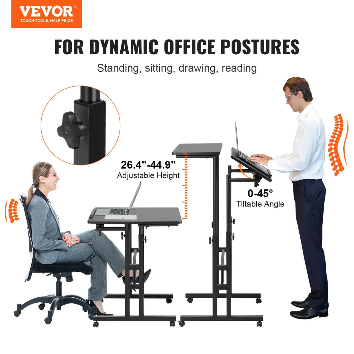 Mobile Standing Desk 26.4"-44.9" Gas-Spring Height Adjustable Sit-Stand Desk, Home Office Rolling Laptop Table  for Home