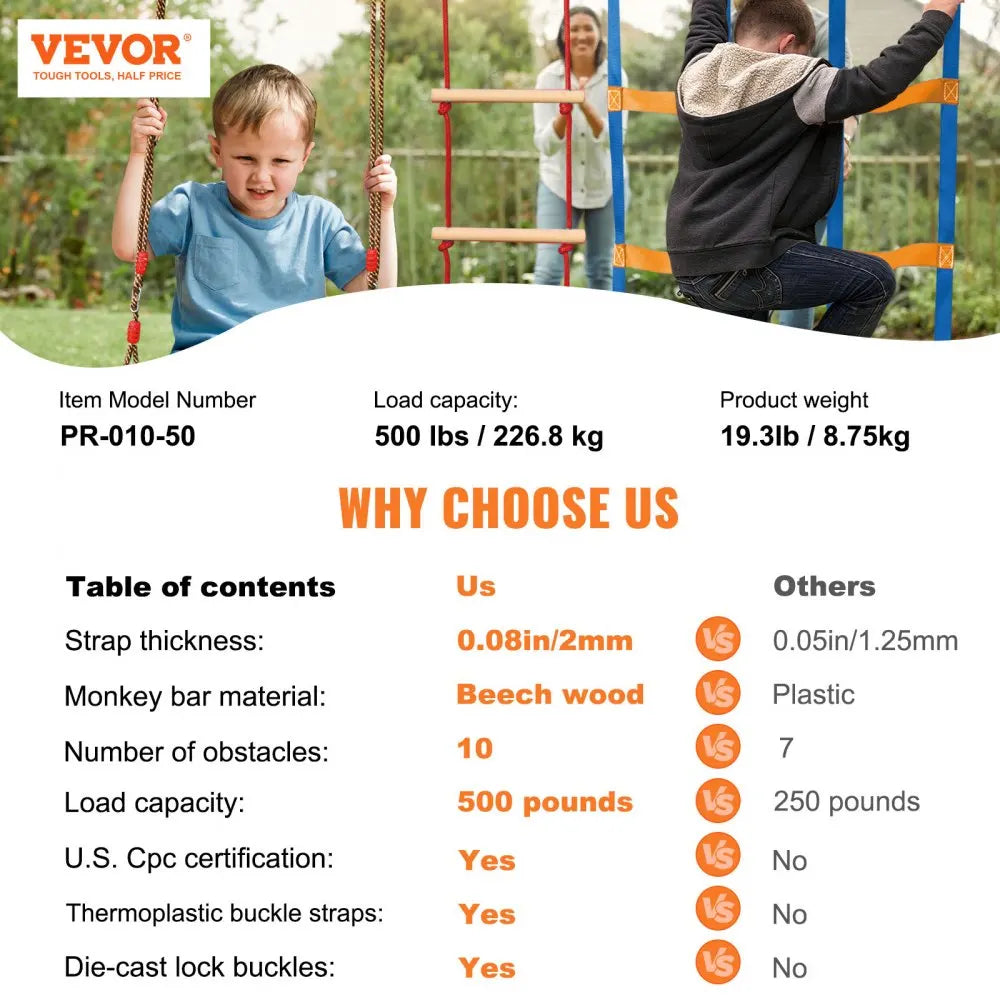 2x50/56/60/65FT Ninja Warrior Obstacle Course for Kids Weatherproof Slacklines 500lbs Weight Outdoor Playset Equipment
