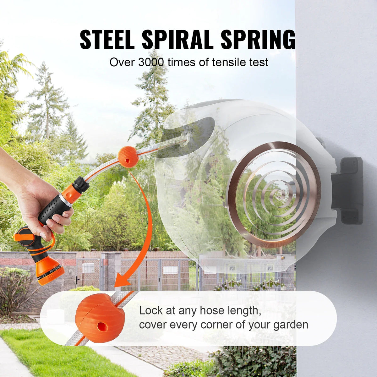 Retractable Hose Reel 82 feet x 1/2 inch 180° Swivel Bracket Wall-Mounted Garden Water Hose Reel with 9-Pattern Nozzle