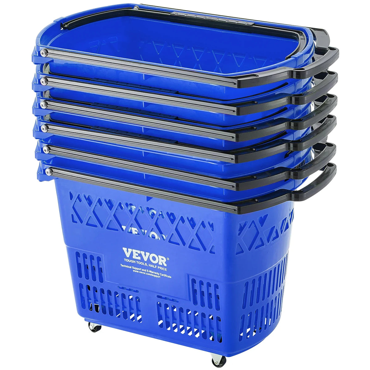 6PCS 39L Shopping Carts with Handles Plastic Rolling Shopping Basket with Wheels for Supermarkets Retail Stores Grocery