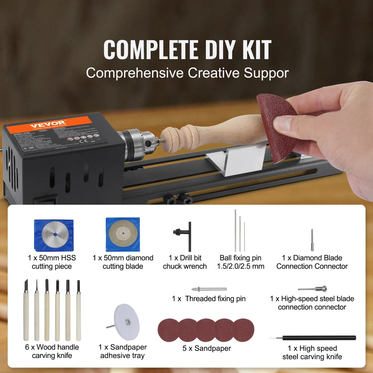 Mini Wood Lathe Machine 2.76in x 6.3in 24VDC 96W Machine Accessories, 7 Speed s for DIY Woodworking Wood Drill Rotary Tool