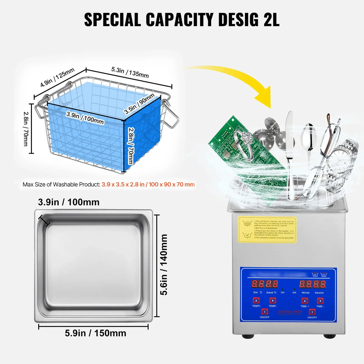 2L Digital Ultrasonic Cleaner with Timer 40kHz 304 Stainless Steel Sonic Cleaner for Jewelry Watch Glasses
