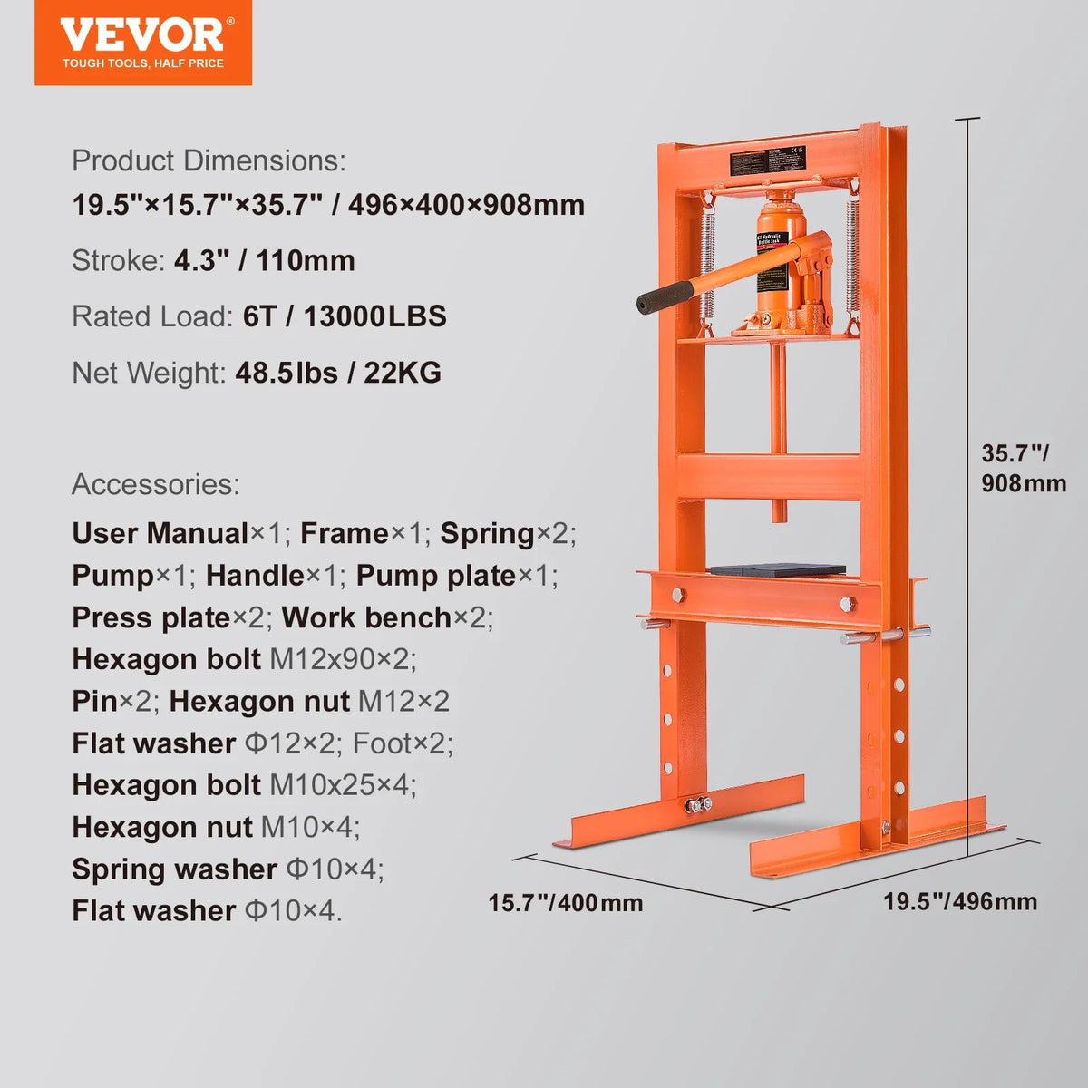 6/12 Ton Hydraulic H-Frame Garage Floor Adjustable Shop Press with Plates 6T/12T Orange for Garages or Professional Shops