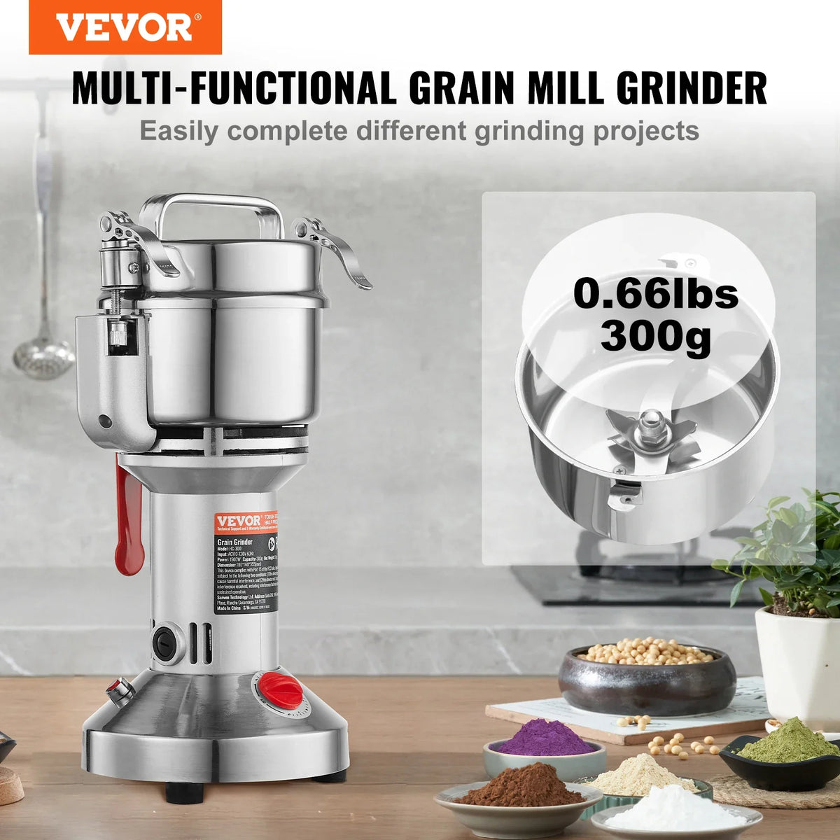 300g Electric Grain Mill Grinder, High Speed 1500W Commercial Spice Grinders, Stainless Steel Pulverizer Powder Machine