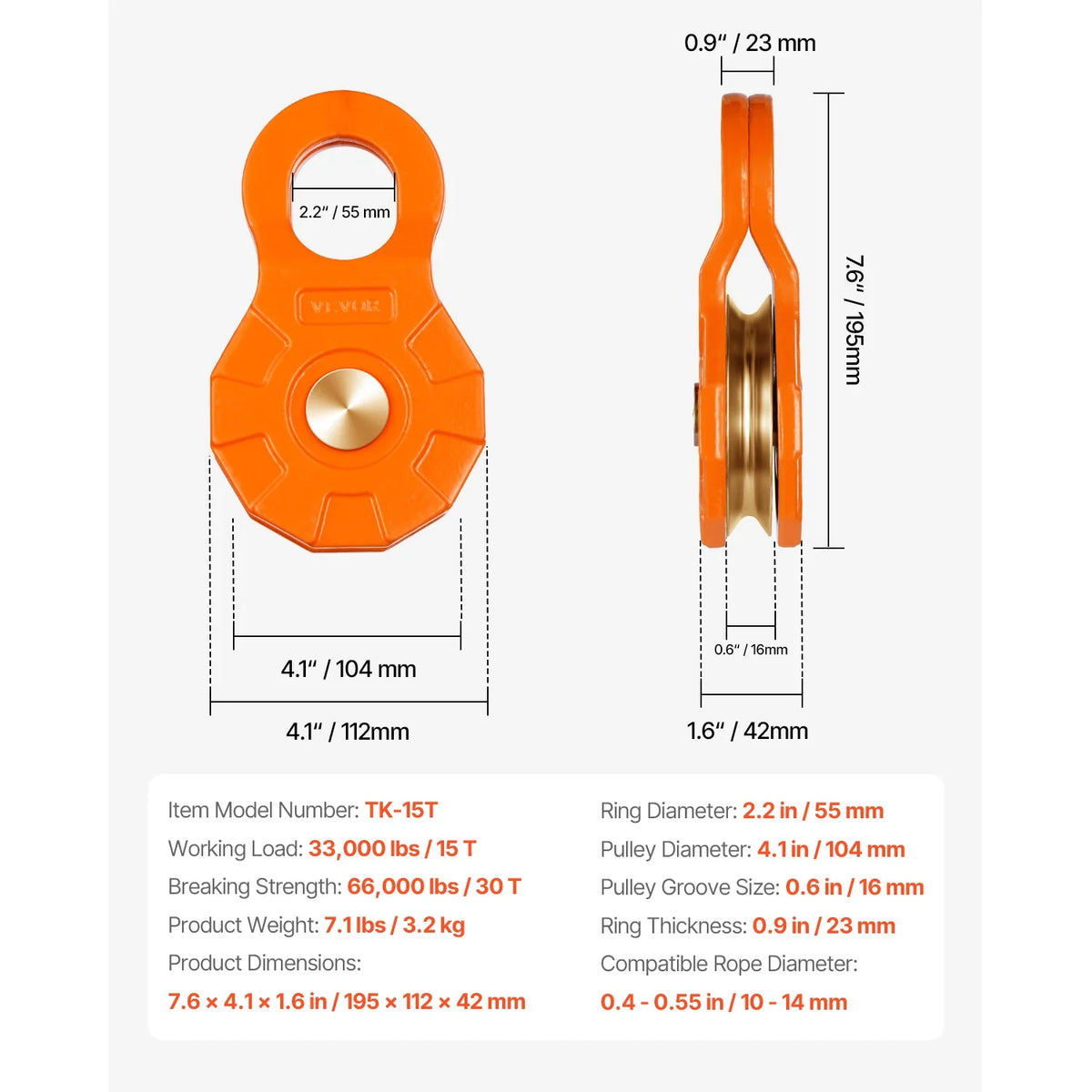 30T Single Swivel Rope Pulley Winch Snatch Block for 0.4" - 0.55" Rope Towing & Recovery on Truck Tractor ATV & UTV
