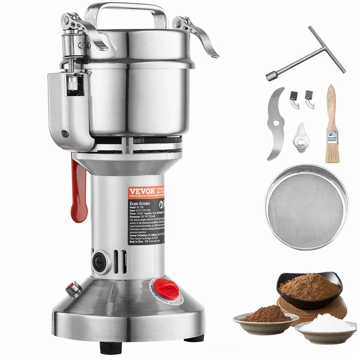 300g Electric Grain Mill Grinder, High Speed 1500W Commercial Spice Grinders, Stainless Steel Pulverizer Powder Machine