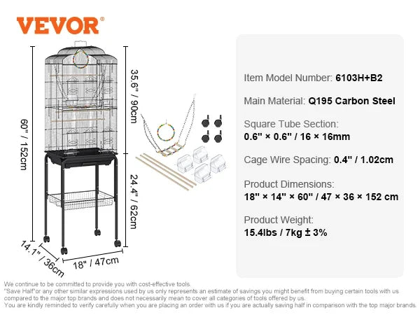 52/54 inch Standing Large Flight Bird Cage Carbon Steel Parakeets Cages with Rolling Stand and Tray for Cockatiels Parrots