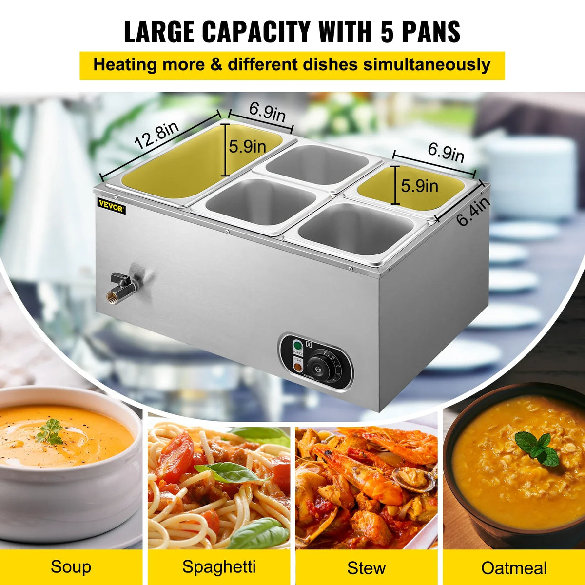 110V Commercial Food Warmer 1x1/3GN&4x1/6GN 5-Pan Stainless Steel Bain Marie 13.7 Quart Capacity for Catering Restaurants