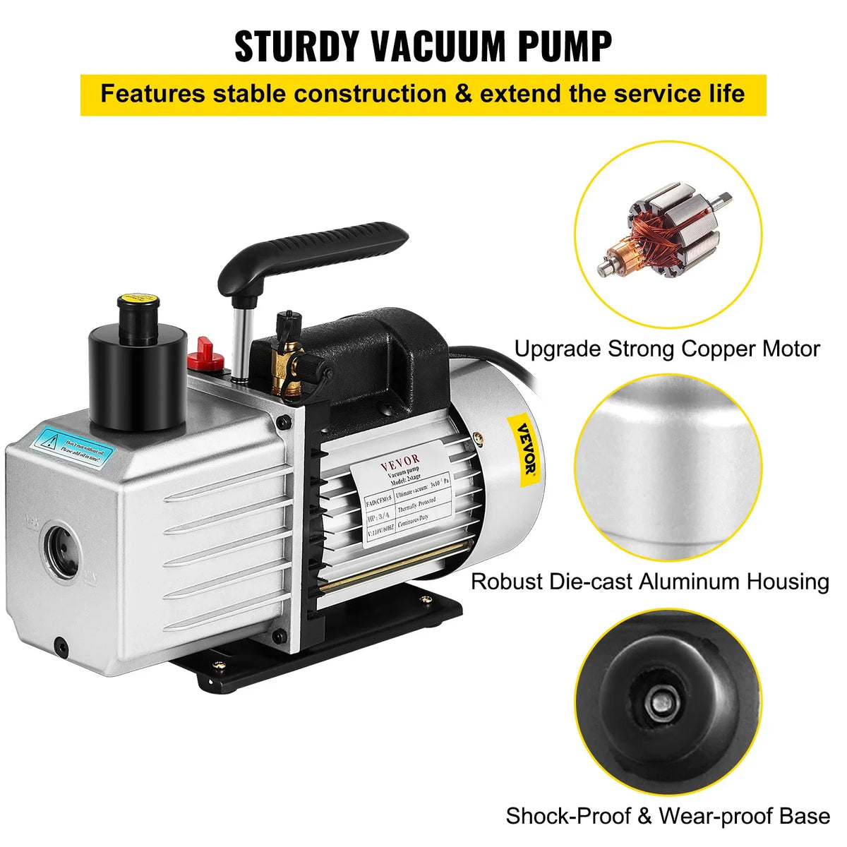 8CFM Two-Stage Rotary Vane Professional Vacuum Pump (15Micron 3/4HP 1/4"flare 3/8 SAE 1/2"ACME inlet) for Air Conditioning