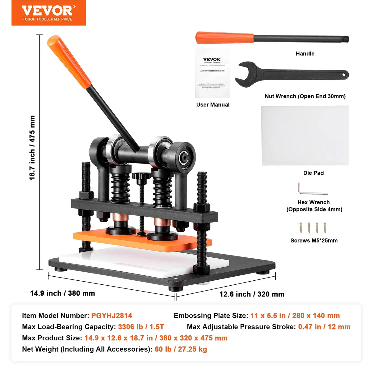 Leather Cutting Machine Embossing Plate Manual Die Cutter 0.47 in Pressure Stroke Leather Embossing Machine
