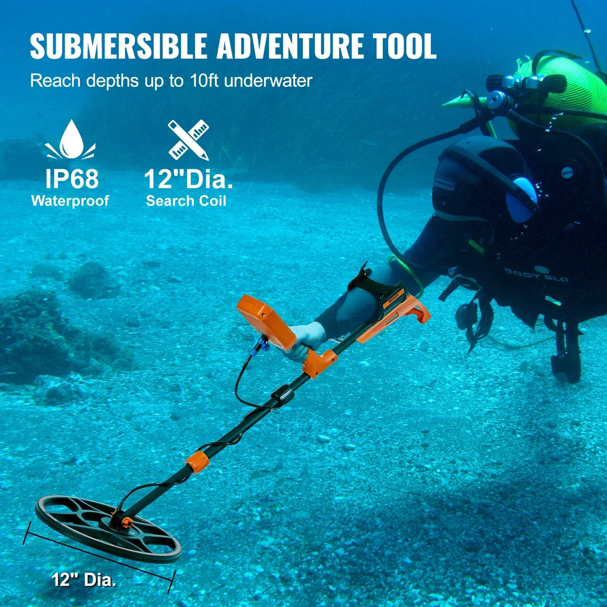 Professional Rechargeable Metal Detector 12" IP68 Waterproof Coil 39-50 in Adjustable with LCD 7Modes for Treasure Hunting