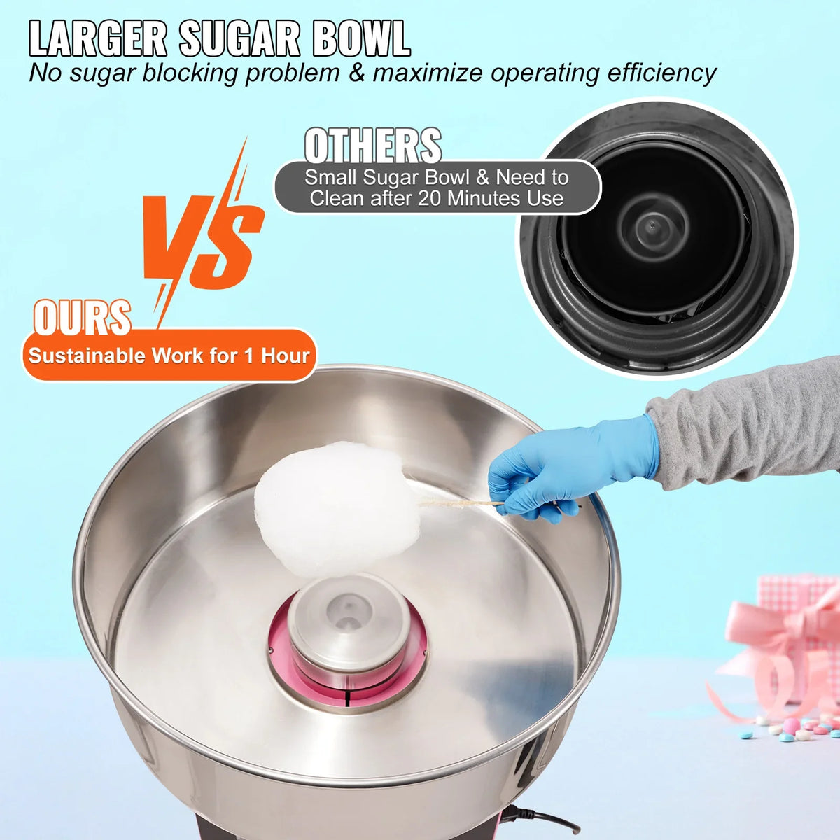 Electric Cotton Candy Machine Commercial Floss Maker with Stainless Steel Bowl Sugar Scoop and Drawer for Birthday Party