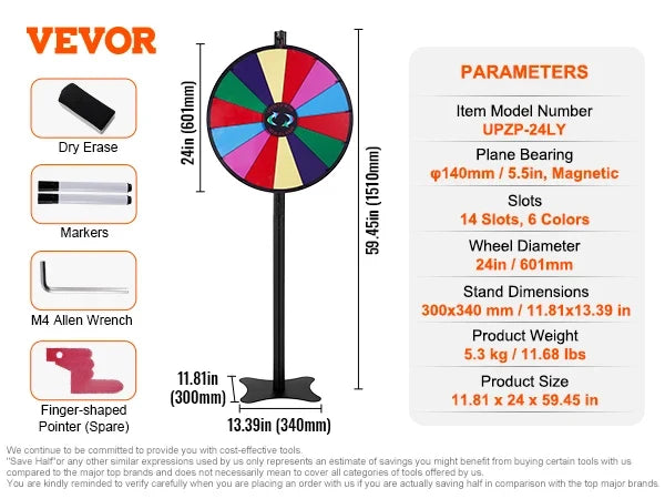 18/24/36 inch Spinning Prize Wheel 14 Slots Spinning Wheel Tabletop or Floor Standing Win Fortune Spin Games in Party Pub