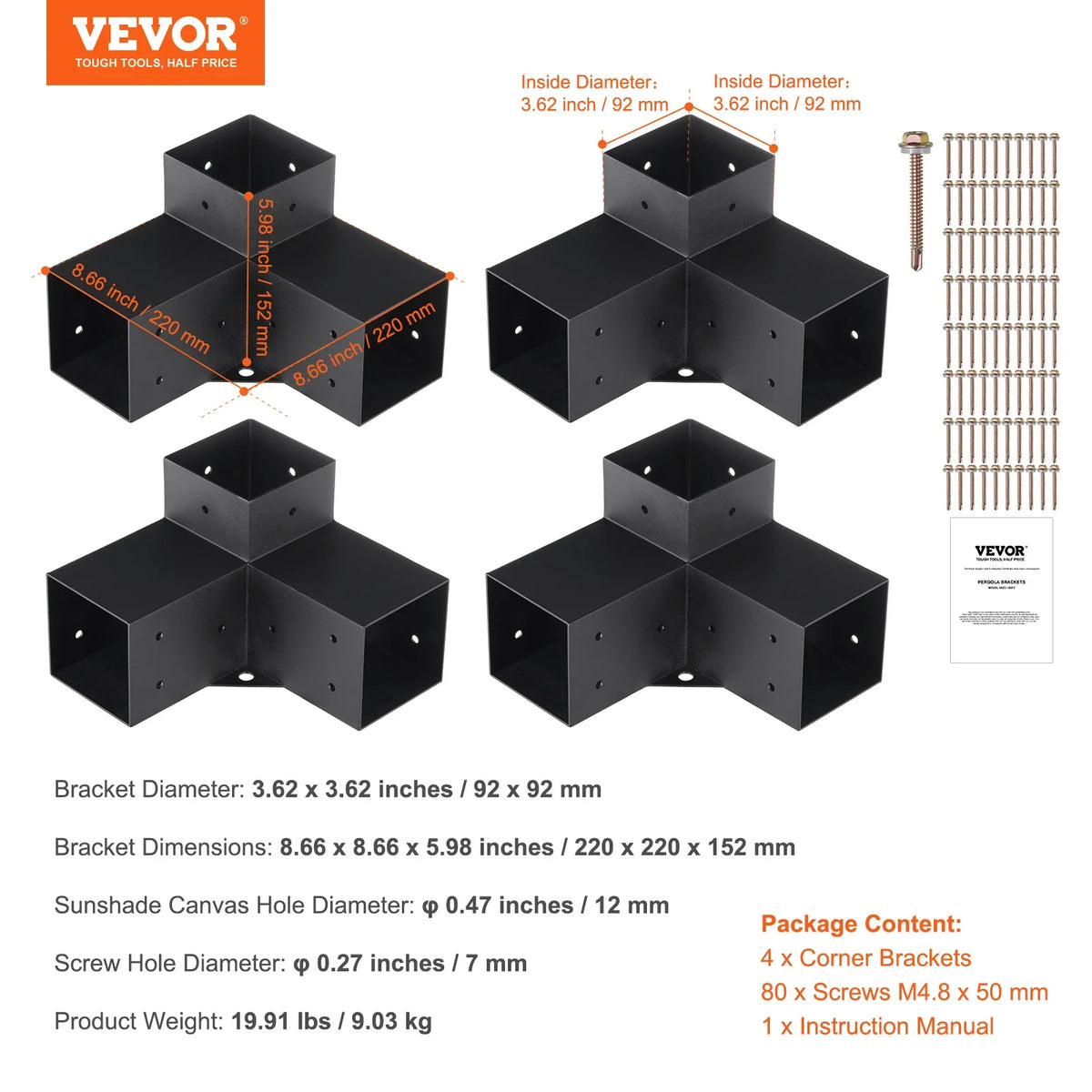 Pergola Bracket Kit Heavy Duty Corner Bracket Woodworks DIY Post Base Kit Easy Installation Wooden Beams